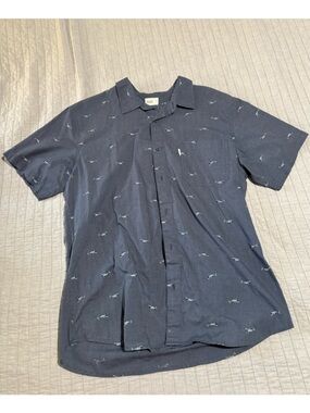 Men's Navy Short-Sleeve Button-Up Shirt with Subtle Shark Print
